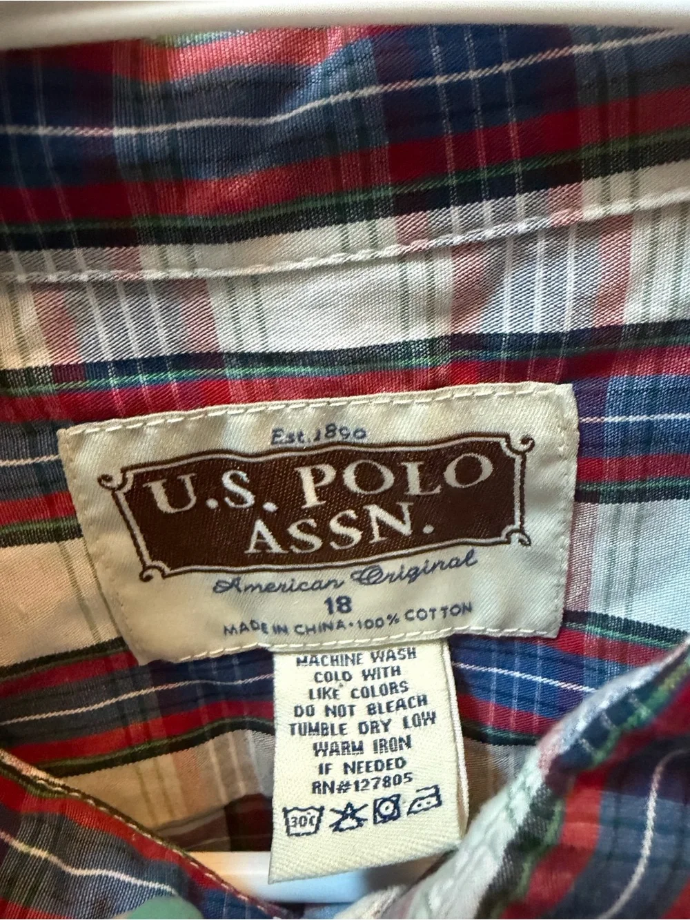 US Polo vintage Classic Plaid Button-Down Shirt in White/Blue/Red boys 18 - Picture 2 of 3